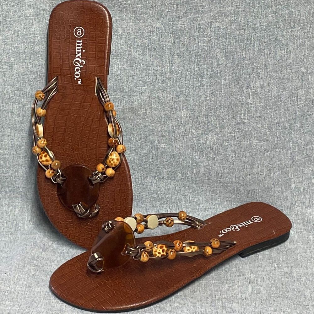 Mix & Co Brown Beaded Flip Flop Sandals Womens Size 8 Boho Y2K Thong Flats